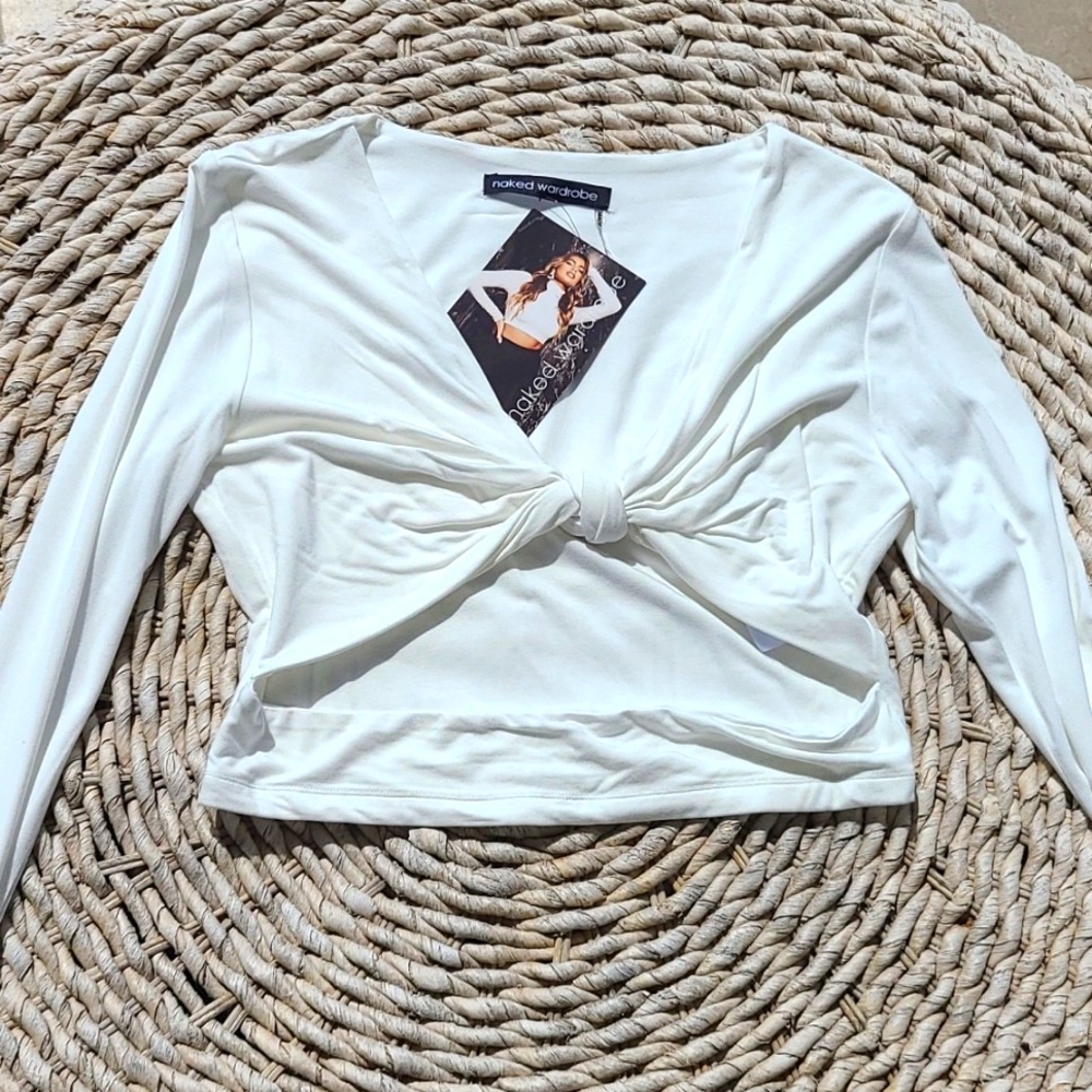 naked wardrobe White Long Sleeve Twist Front Crop Top - Picture 2 of 8